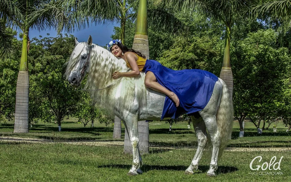 Modelo junto a un caballo blanco en un jardín